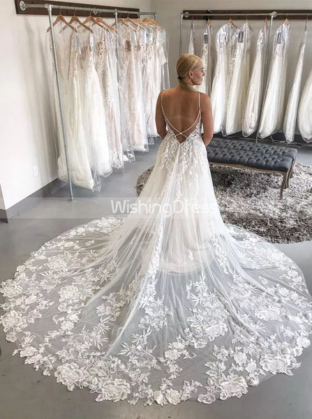 Floral Lace Wedding Dress with Straps,Boho Wedding Dress Garden,WD00634