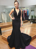 Formal Black Mermaid Evening Dress,Charming Satin Prom Dress,Deep V Neckline Prom Dress PD00121