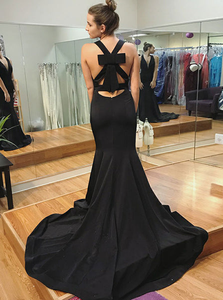 Formal Black Mermaid Evening Dress,Charming Satin Prom Dress,Deep V Neckline Prom Dress PD00121