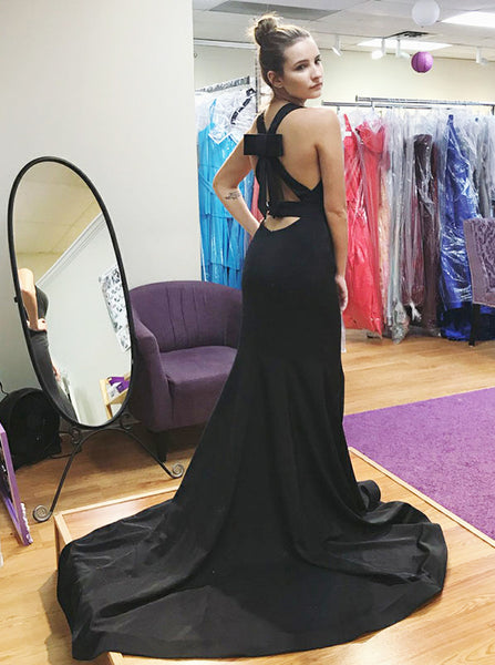 Formal Black Mermaid Evening Dress,Charming Satin Prom Dress,Deep V Neckline Prom Dress PD00121