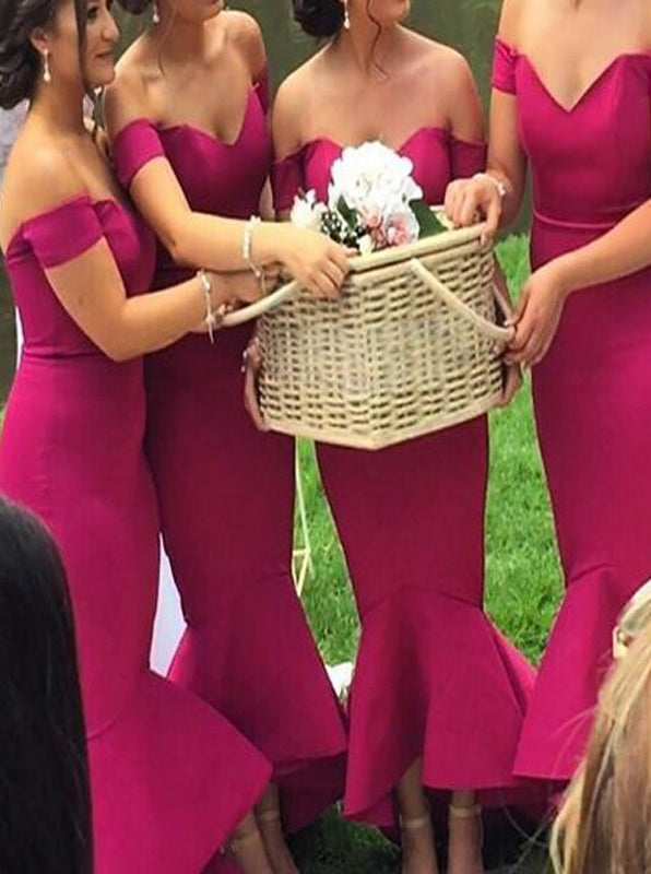 Fuchsia Bridesmaid Dress,Trumpet Bridesmaid Dress,Satin Off the Should