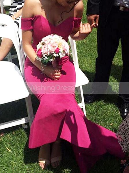 Fuchsia Bridesmaid Dress,Trumpet Bridesmaid Dress,Satin Off the Shoulder Bridesmaid Dress,BD00013