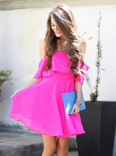 Fuchsia Cocktail Dresses,Chiffon Homecoming Dress,Spaghetti Straps Cocktail Dress,CD00046
