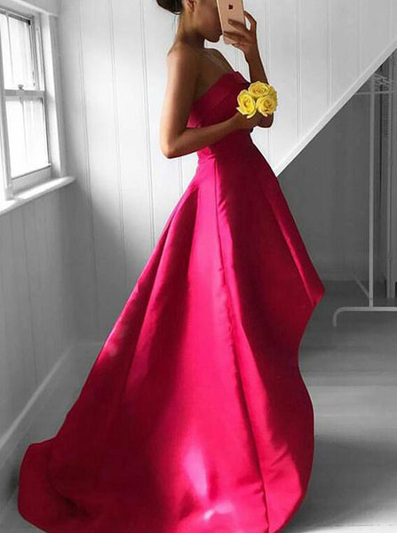 Fuchsia Prom Dress,High Low Prom Dress,Satin Prom Dress,Strapless Prom Dress,Modest Dress PD00197
