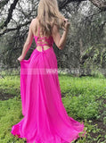 Fuchsia Prom Dresses,Open Back Prom Dress,Prom Dress with Slit,Long Prom Dress,PD00254