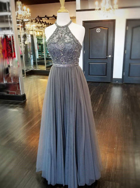 Full Figured Beaded Dress,Grey Prom Dress,Halter Prom Dress,PD00343
