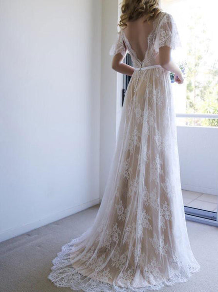 Lace Wedding Dresses,Short Sleeves Wedding Dress,Boho Wedding Dress,WD00099