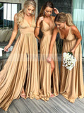 Gold Bridesmaid Dress,Bridesmaid Dress with Slit,Full Length Bridesmaid Dress,BD00087