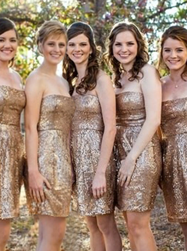 Gold Bridesmaid Dress,Strapless Bridesmaid Dress,Short Bridesmaid Dres