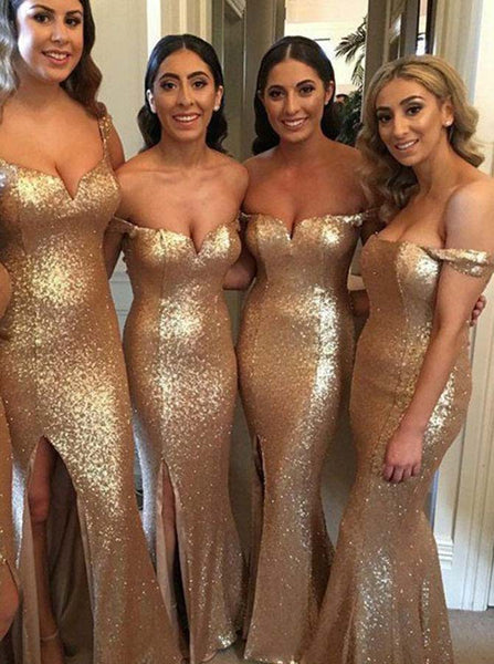 Golden Bridesmaid Dress,Sequined Bridesmaid Dress,Off the Shoulder Bridesmaid Dress,BD00085