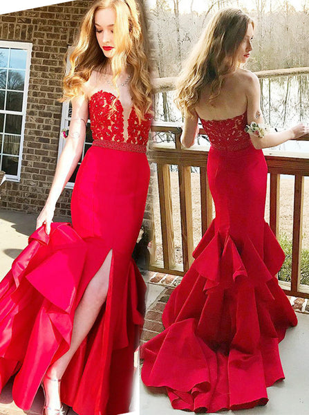 Gorgeous Mermaid Prom Gown,Red Evening Dress with Slit,Strapless Fitted Prom Dress PD00069