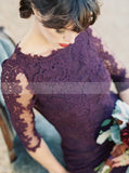 Grape Bridesmaid Dress,Mermaid Bridesmaid Dress,Lace Bridesmaid Dress with Sleeves,BD00030