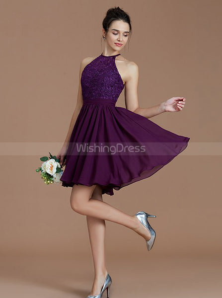 Grape Bridesmaid Dresses,Short Bridesmaid Dress,High Neck Bridesmaid Dress,BD00249