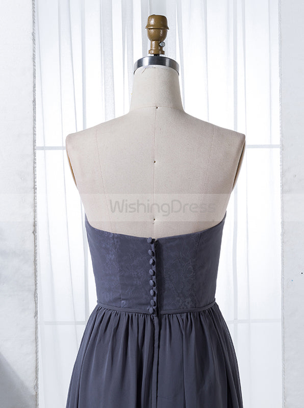 Gray Strapless Bridesmaid Dress,Long Bridesmaid Dress,Chiffon Lace Bri