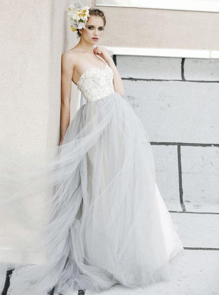 Gray Wedding Dresses,Tulle Wedding Dress,Ball Gown Wedding Dress,Strapless Wedding Gown,WD00163