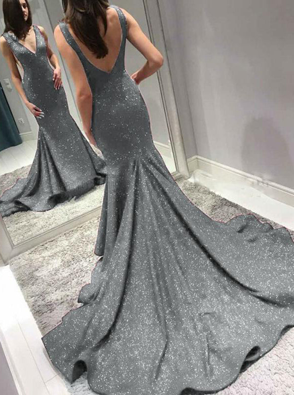 Grey Mermaid Prom Dresses,Formal Evening Dress with Sweep Train,PD0038