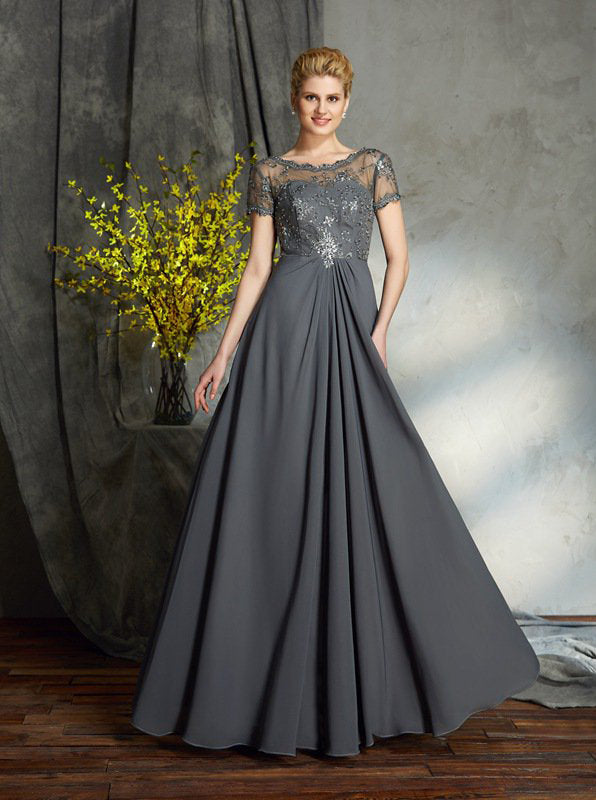 Grey Mother of the bride Dress,Mother Dress with Sleeves,Chiffon Long Mother Dress,MD00037 Custom Size / Picture Color