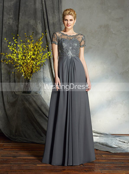 Grey Mother of the bride Dress,Mother Dress with Sleeves,Chiffon Long Mother Dress,MD00037