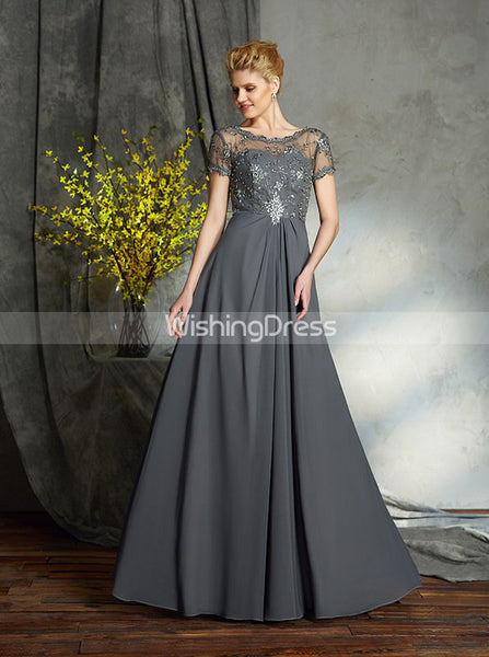 Grey Mother of the bride Dress,Mother Dress with Sleeves,Chiffon Long Mother Dress,MD00037