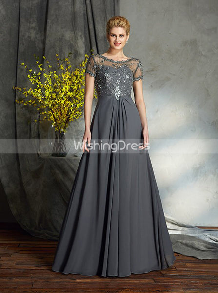 Grey Mother of the bride Dress,Mother Dress with Sleeves,Chiffon Long Mother Dress,MD00037