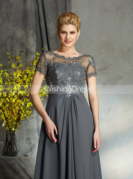 Grey Mother of the bride Dress,Mother Dress with Sleeves,Chiffon Long Mother Dress,MD00037