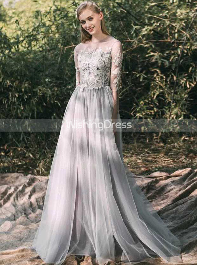Grey Outdoor Wedding Dress,Illsuion Long Sleeves Wedding Gown,WD00459, US6 / Champagne Grey Outdoor Wedding Dress,Illsuion Long Sleeves Wedding Gown,WD00459, US6 / Champagne