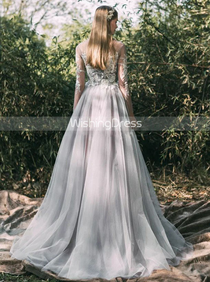 Grey Outdoor Wedding Dress,Illsuion Long Sleeves Wedding Gown,WD00459 - Wishingdress Grey Outdoor Wedding Dress,Illsuion Long Sleeves Wedding Gown,WD00459 - Wishingdress