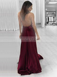 Halter Elastic Satin Prom Dress,Burgundy Evening Dress with Slit,Prom Dress with Train PD00005