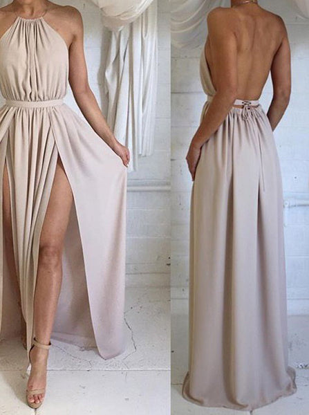 Halter Neck Chiffon Evening Dress,Floor Length Evening Dress,Backless Prom Dress with Slit PD00178