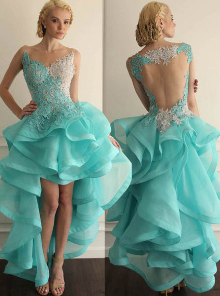 High Low Homecoming Dresses,Turquoise Homecoming Dress,Ruffled Homecoming Dress,HC00138