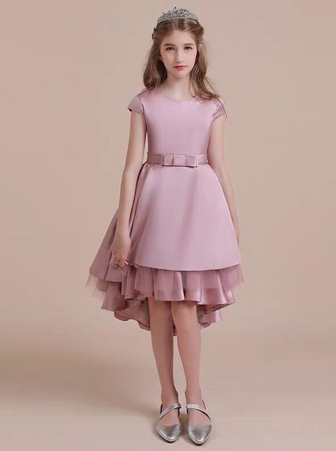 High Low Satin Junior Bridesmaid Dresses,Pink Little Girls Birthday Pa