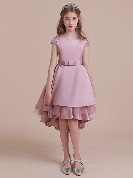 High Low Satin Junior Bridesmaid Dresses,Pink Little Girls Birthday Party Dress,JB00079