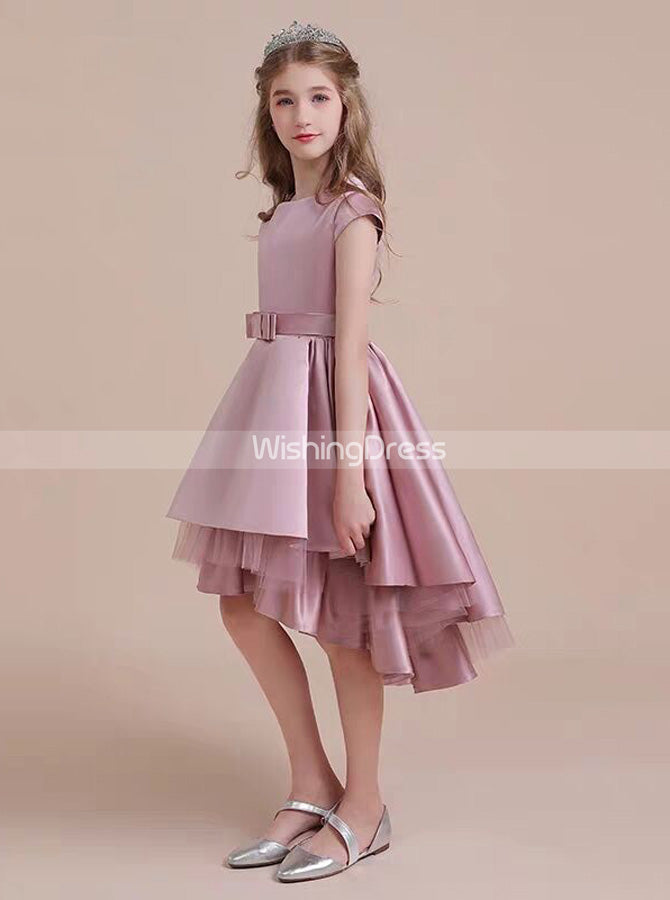 High Low Satin Junior Bridesmaid Dresses,Pink Little Girls Birthday Pa