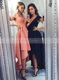 High Low Homecoming Dress,Satin Prom Dress with Sash,Modest Evening Dress with Cap Sleeves PD00059