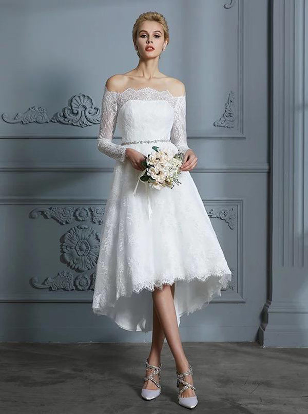High Low Wedding Dresses,Beach Wedding Dress,Lace Wedding Dress with L