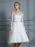 High Low Wedding Dresses,Beach Wedding Dress,Lace Wedding Dress with Long Sleeves,WD00246