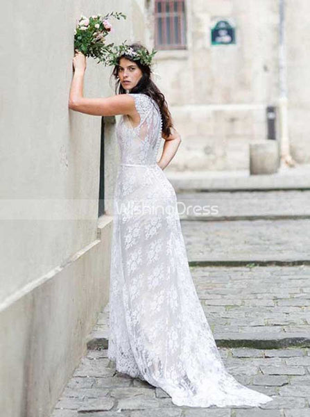 High Neck BOHO Wedding Dress,Lace Wedding Dress with Sweep Train,WD00445