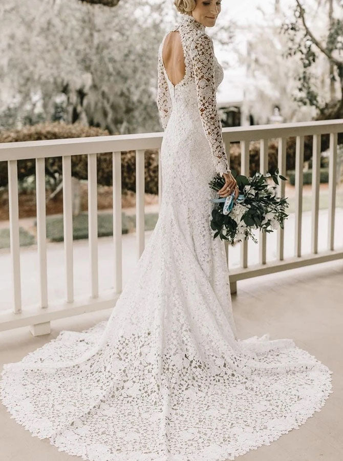High Neck Lace Long Sleeves Wedding Dress,Fit and Flare Wedding Dress