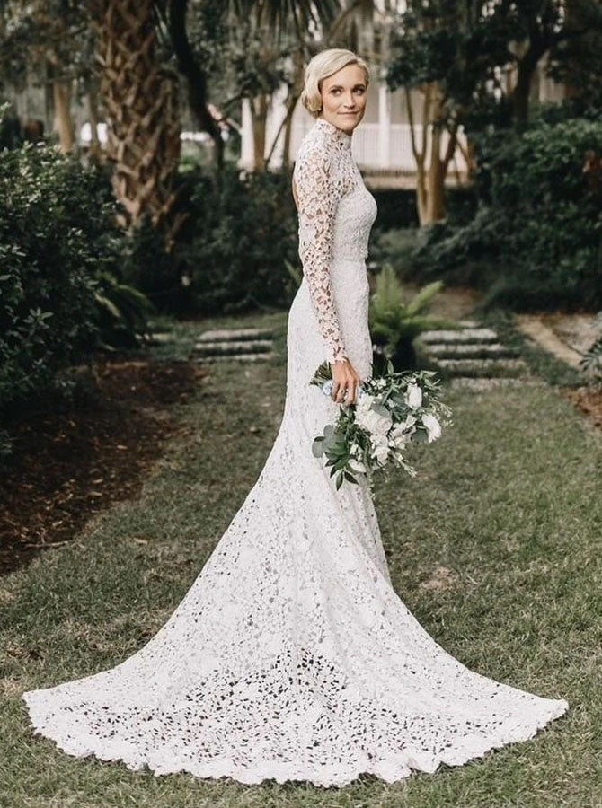 High Neck Lace Long Sleeves Wedding Dress,Fit and Flare Wedding Dress,WD00661