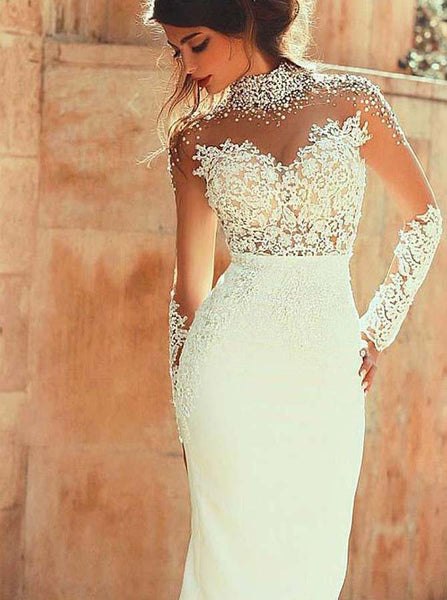 High Neck Wedding Dress with Long Sleeves,Mermaid Bridal Dress Cutout Back,WD00420