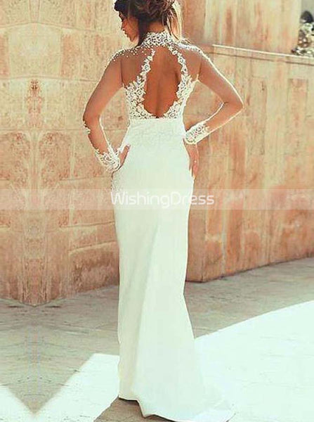High Neck Wedding Dress with Long Sleeves,Mermaid Bridal Dress Cutout Back,WD00420