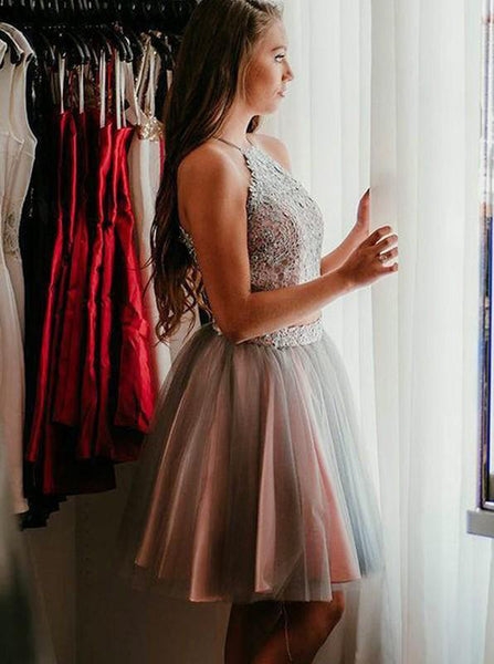 Grey Cocktail Dresses,Two Piece Cocktail Dress,Tulle Cocktail Dress,CD00017