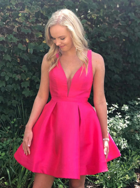 HotPink Homecoming Dresses,Modest Homecoming Dress,Vneck Homecoming Dress,HC00129