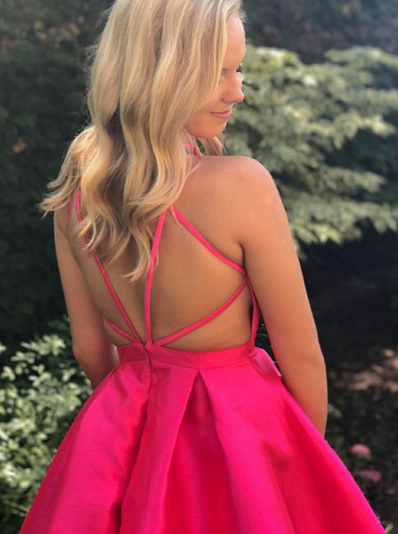 HotPink Homecoming Dresses,Modest Homecoming Dress,Vneck Homecoming Dress,HC00129