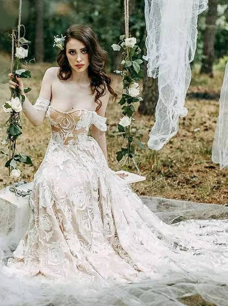 Boho Wedding Dress Outdoor,Lace Off the Shoulder Wedding Dress,WD00656