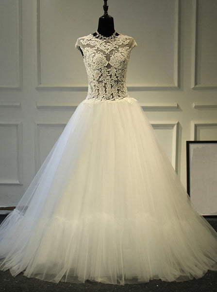 Illusion Ball Gown Dresses,Cap Sleeves Bridal Gown,High Neck Wedding Dress,WD00378