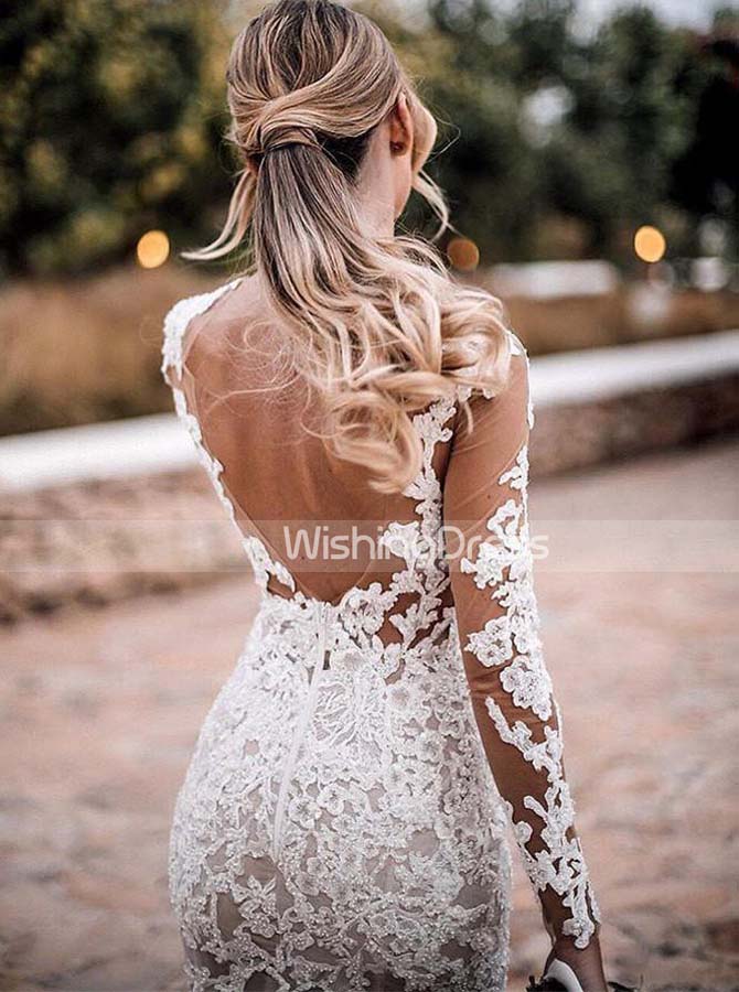 Illusion Fitted Wedding Dresses,Bridal Dress with Long Sleeves
