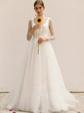 Illusion High Neck Wedding Dresses,Long Sleeves Bridal Dress with Pearls,WD00458