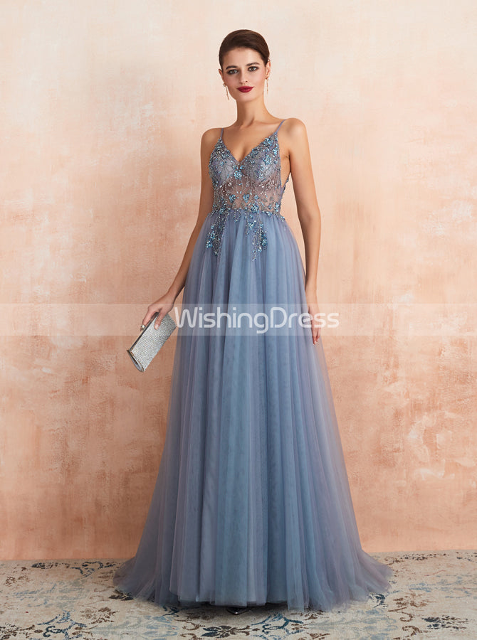 Illusion Prom Dress with Slit,Dusty Blue Evening Dress,PD00459 - Wishingdress Illusion Prom Dress with Slit,Dusty Blue Evening Dress,PD00459 - Wishingdress