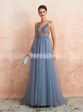 Illusion Prom Dress with Slit,Dusty Blue Evening Dress,PD00459